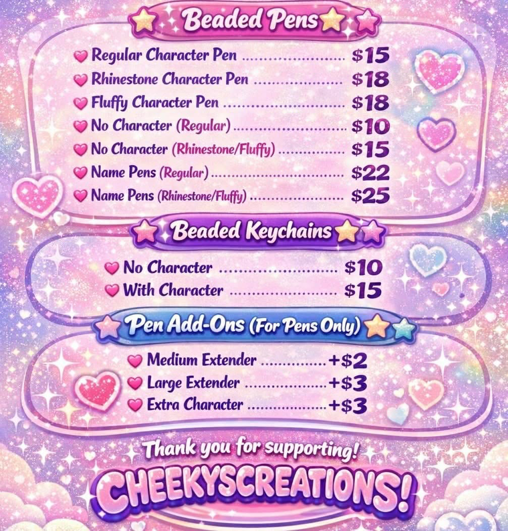 CheekysCreations illustrated pricing guide for beaded pens, beaded keychains, and pen add-ons.